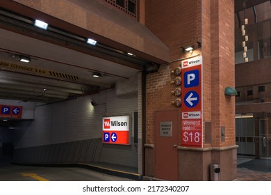 Sydney City, Australia - April 16, 2022: Wilson Car Park Entrance In Sydney City With Weekend Rate Price Displayed.