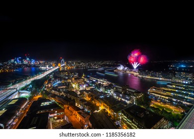 Sydney City Skyline At Night, Aerial View With Fireworks