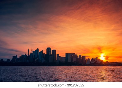 Sydney City Skyline Silhouette At Sunset, NSW, Australia. 