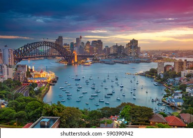 Sydney. Cityscape image of Sydney, Australia with Harbour Bridge and Sydney skyline during sunset. - Shutterstock ID 590390942