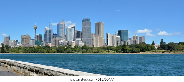 Sydney Financial District Skyline In New South Wales, Australia.Panoramic Landscape View From The Botanical Gardens. No People. Copy Space.