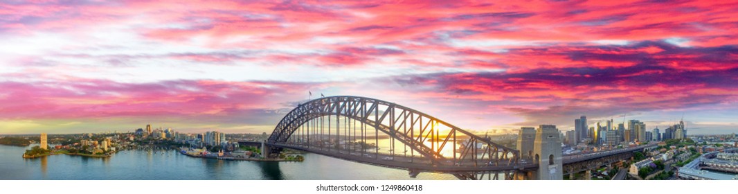 Sydney Harbour Bridge, Aerial View At Sunrise.