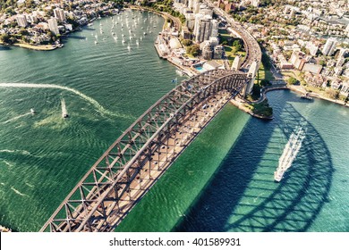 Sydney Harbour Bridge. Aerial View From Helicopter On A Beautiful Day.