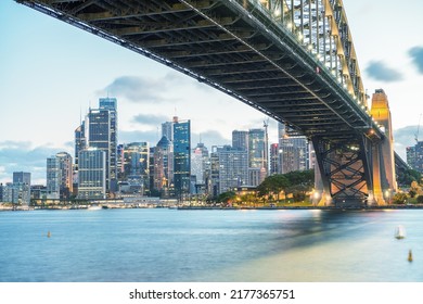 Sydney Harbour Bridge And City Night Skyline, Australia.