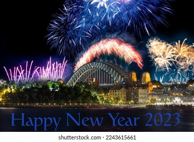 Sydney Harbour Bridge New Years Eve fireworks 2023, colourful NYE fire works lighting the night skies with vivid multi colours NSW Australia. Happy New Year Sydney fireworks