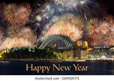 Sydney Harbour Bridge New Years Eve fireworks, colourful NYE fire works lighting the night skies with vivid multi colours NSW Australia. written words Happy New Year Sydney fireworks