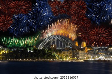 Sydney Harbour Bridge New Years Eve fireworks, colourful NYE fire works lighting the night skies with vivid multi colours NSW Australia. 