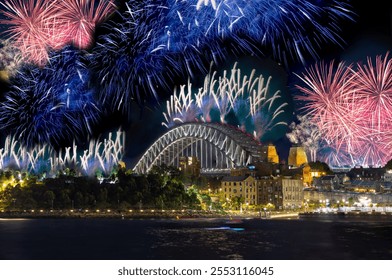 Sydney Harbour Bridge New Years Eve fireworks, colourful NYE fire works lighting the night skies with vivid multi colours NSW Australia. 