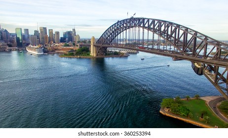 Sydney Harbour Bridge At Night, Aerial View.