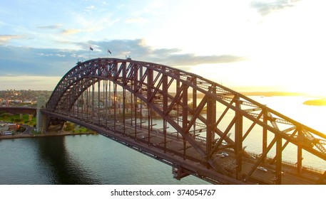 Sydney Harbour Bridge At Sunrise, Aerial View.