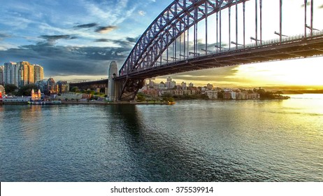 Sydney Harbour Bridge At Sunrise, Aerial View.