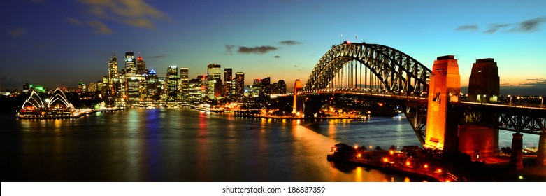 Sydney Harbour night time Panorama viewed from Kirribilli in North Sydney
