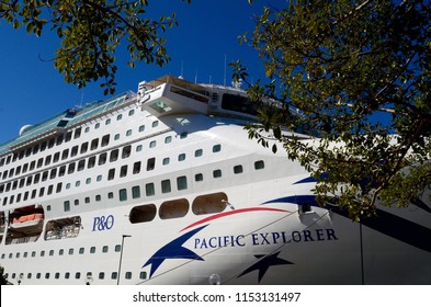 Sydney, New South Wales, Australia. August 2018. P & O Cruise Ship Pacific Explorer Docked At Circular Quay In Sydney.