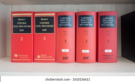 Sydney, New South Wales/ Australia - January 9 2019: Sets Of Law Procedure Books And Manuals For Civil Law In New South Wales On A Wooden Bookshelves In Library