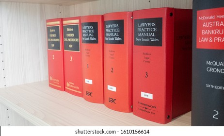 Sydney, New South Wales/ Australia - January 9 2019: Sets Of Law Procedure Books And Manuals For Civil Law In New South Wales On A Wooden Bookshelves In Library