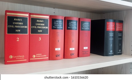 Sydney, New South Wales/ Australia - January 9 2019: Sets Of Law Procedure Books And Manuals For Civil Law In New South Wales On A Wooden Bookshelves In Library