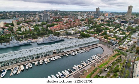 Sydney, New South Wales Australia - December 24 2021: Aerial View Of Finger Wharf And Garden Island Naval Ships In Sydney