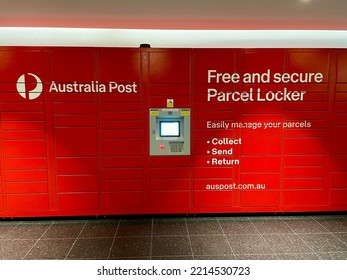 Sydney, New South Wales, Australia. October 1, 2022. Australia Post Secure Parcel Lockers In A Basement Of A Mall.