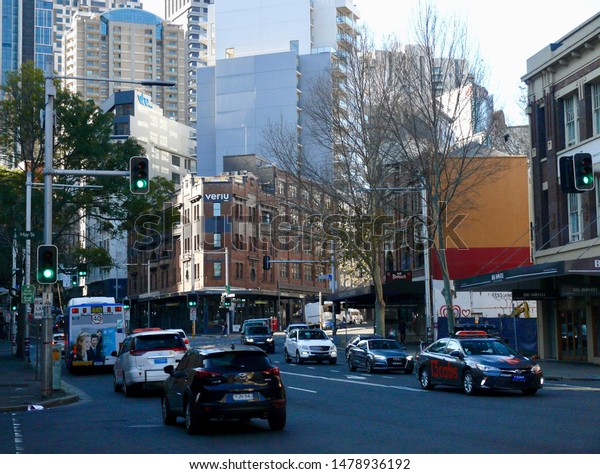Sydney,\
New South Wales, Australia. Aug 2019. A view in Elizabeth Street,\
Sydney near the intersection with Hay Street.\
