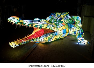 Sydney, New South Wales/Australia - June 11, 2016: Illuminated model of crocodile at the Taronga Zoo, during the annual Vivid Sydney light festival.