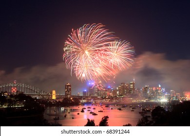 Sydney New Year Fireworks Over CBD Harbour Bridge Color Flash Ball
