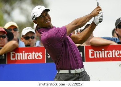 SYDNEY - NOVEMBER 10: Tiger Woods plays a tee shot in the first round in the Australian Open at The Lakes golf course on November 10, 2011 in Sydney, Australia.