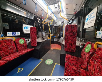 Sydney NSW Australia - 06 AUG 2020: Interior Of Empty Sydney Public Transport Bus. Green Sticker For People To Practice Space Social Distancing Between Passenger During Covid-19 Virus Pandemic. TfNSW
