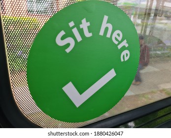 Sydney, NSW, Australia 21 DEC 2020:  Interior Of  Sydney Public Transport Bus. Green Sticker For People To Practice Space Social Distancing Between Passenger During Covid-19 Virus Pandemic. TfNSW