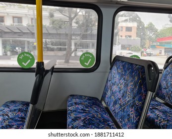 Sydney, NSW, Australia 21 DEC 2020:  Interior Of  Sydney Public Transport Bus. Green Sticker For People To Practice Space Social Distancing Between Passenger During Covid-19 Virus Pandemic. TfNSW