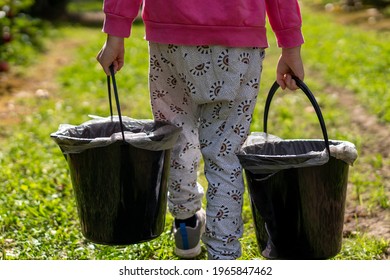 Sydney NSW Australia 25th April 2021: Child Carrying Buckets Full Of Red Apples That Have Been Picked From The Apple Trees On Apple Farm
