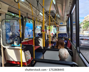 Sydney NSW Australia - 29 APR 2020: Interior Of Sydney Public Transport Bus With Commuter. People Use Opal Cashless Card To Commute By Tap On And Off. Wheelchair Accessible Bus With Disablity Seats