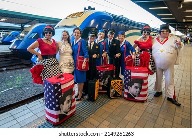 
Sydney, NSW, Australia - April 21, 2922: Elvis Fans gather at Sydney's Central Station before boarding the Elvis Express train to Parkes. The Parkes Elvis Festival is normally held in January.