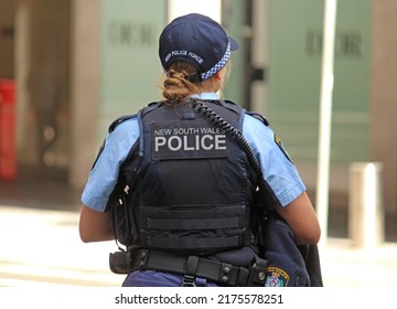 Sydney, NSW Australia - April 25, 2020: A NSW Police Uniformed Woman Wearing A Bullet Proof Vest 