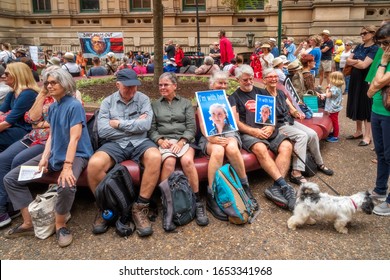 Sydney, NSW, Australia -February 22, 2020: People With Banners And Slogans Gathering In Front Of Sydney Town Hall To Participate In The Rally For Climate Crisis Justice In Australia.