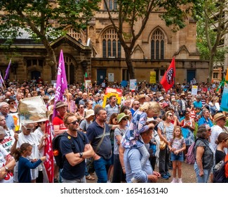 Sydney, NSW, Australia -February 22, 2020: People At A Rally To Build A Climate Movement And Strike Action Demanding The Australian Government To Move Away From Fossil Fuel Towards 100% Renewables.