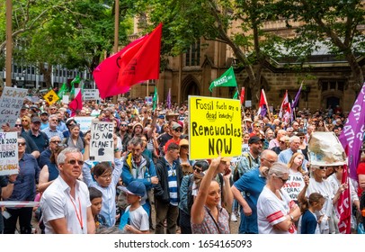 Sydney, NSW, Australia -February 22, 2020: People At A Rally To Build A Climate Movement And Strike Action Demanding The Australian Government To Move Away From Fossil Fuel Towards 100% Renewables.