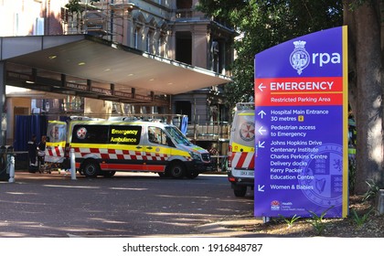 Sydney, NSW  Australia - January 26 2021: RPA Hospital signage outside with the emergency department ambulance bays in the background.