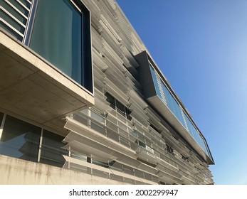 Sydney, NSW Australia - June 14, 2021: A Modern Building With Shading Devices On The Exterior. Blue Sky Background. 