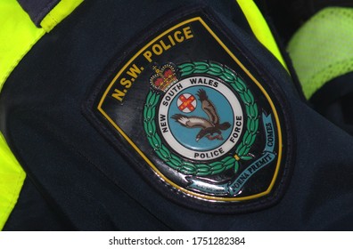 Sydney, NSW / Australia - June 6 2020: Black Lives Matter Protest March. Close Up Of The Badge On A NSW Police Officers Hi Vis Jacket