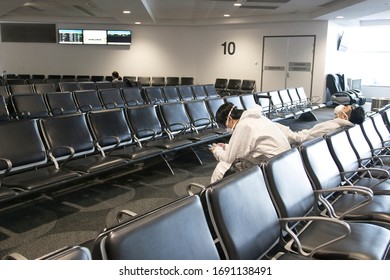 SYDNEY, NSW / AUSTRALIA - MARCH 28, 2020: Sydney Airport During COVID-19 Pandemic. People Try To Go Back To Their Countries And Protect Themselves From The Virus.