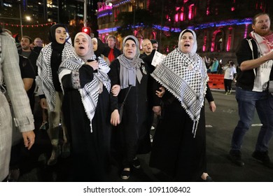 SYDNEY, NSW / AUSTRALIA - May 15, 2018: Three Hijabi Women Are Seen At A Demonstration Held To Mark 70 Years Since The Palestinian Exodus (Nakba) In 1948.