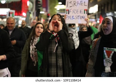 SYDNEY, NSW / AUSTRALIA - May 15, 2018: A Woman Chants At A Demonstration Held To Mark 70 Years Since The Palestinian Exodus (Nakba) In 1948.