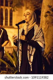 SYDNEY, NSW / AUSTRALIA - May 15, 2018: Sara Saleh Speaks At A Demonstration Held To Mark 70 Years Since The Palestinian Exodus (Nakba) In 1948 And Condemn Recent Violence From Israel.