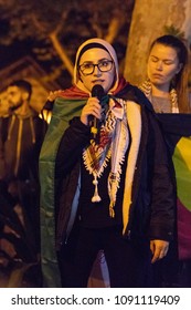 SYDNEY, NSW / AUSTRALIA - May 15, 2018: Mona Abu Zalaf Speaks At A Demonstration Held To Mark 70 Years Since The Palestinian Exodus (Nakba) In 1948 And Condemn Recent Violence From Israel.