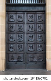 Sydney, NSW Australia - May 25 2020: Bronze portico doors of the State library of NSW. The doors feature portraits of historic European explorers of Australia