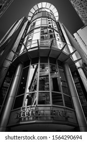 Sydney, NSW, Australia - October 21, 2019: Glass And Silver At The Back Entry To The City Concert Hall At Angel Place In Black And White, A Purpose Built Chamber Music Venue In Sydney, Australia.