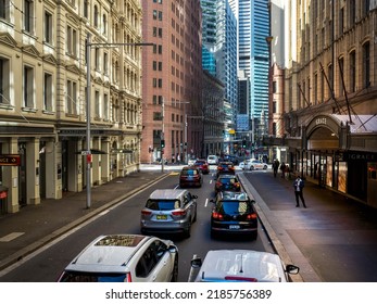 Sydney NSW Australia-July 17 2022: Cars Queuing On King Street In CBD.