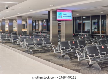 Sydney, NSW/Australia - 06 18 2020: Sydney Airport (SYD), Empty Seating Area At Gate, Deserted, No Passengers. Corona Crisis, Social Distancing On Screen.                               