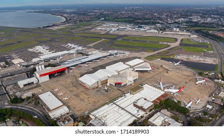 Sydney, NSW/Australia - April 2 2020: Sydney Airport Overview Showing Domestic And International Terminals