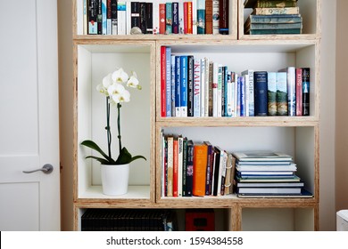Sydney, NSW/Australia-July 14 2017: interior photography, detail of book shelf in a home with books and a potted orchid
